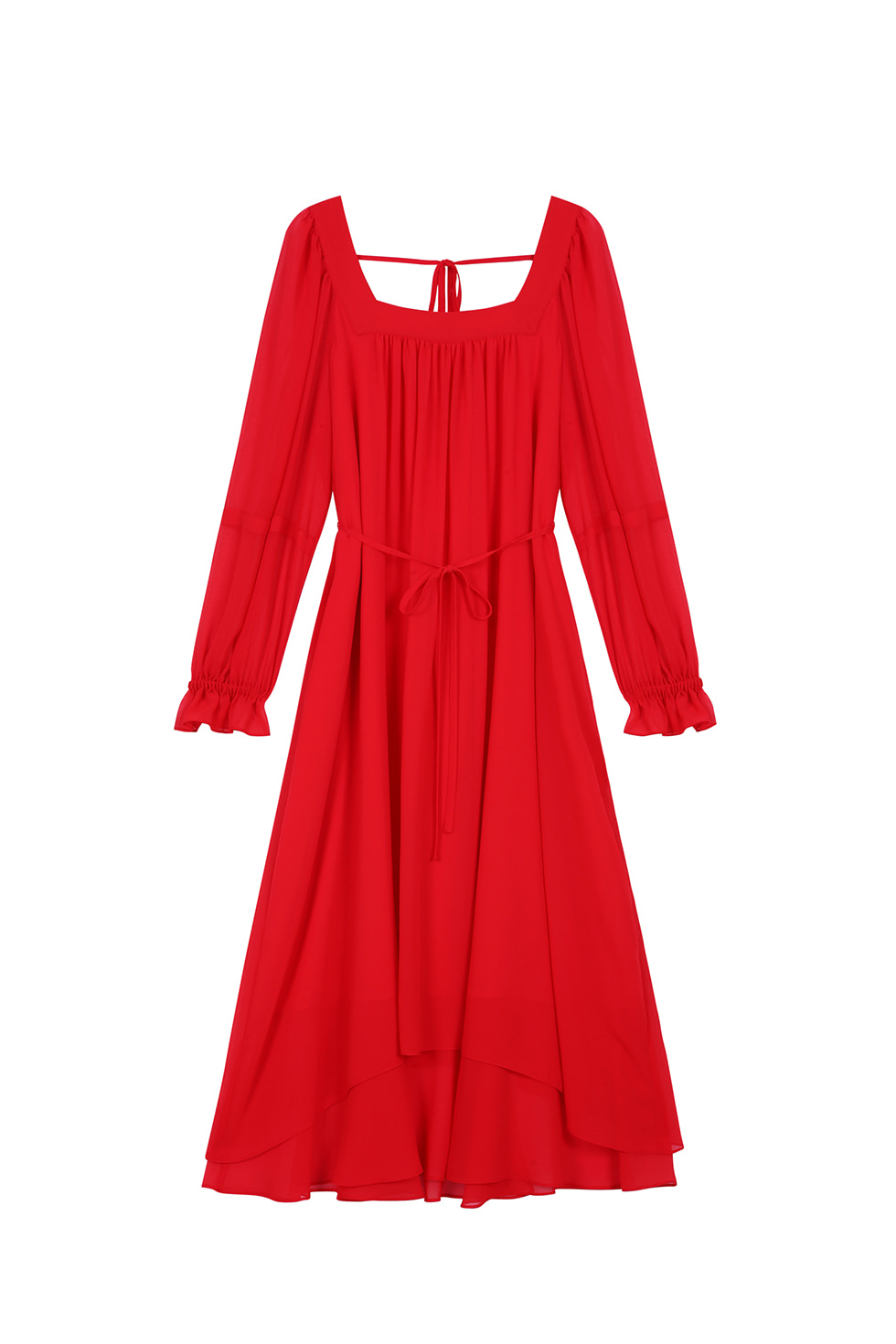 SQUARE NECK CHIFFON DRESS - RED