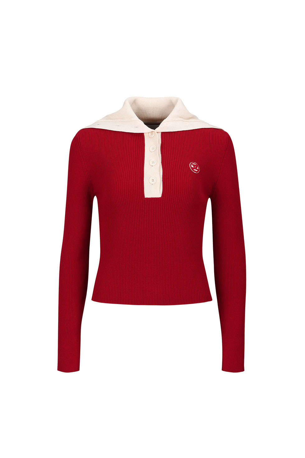 CONTRASTED NECK COLLAR KNIT TOP -RED